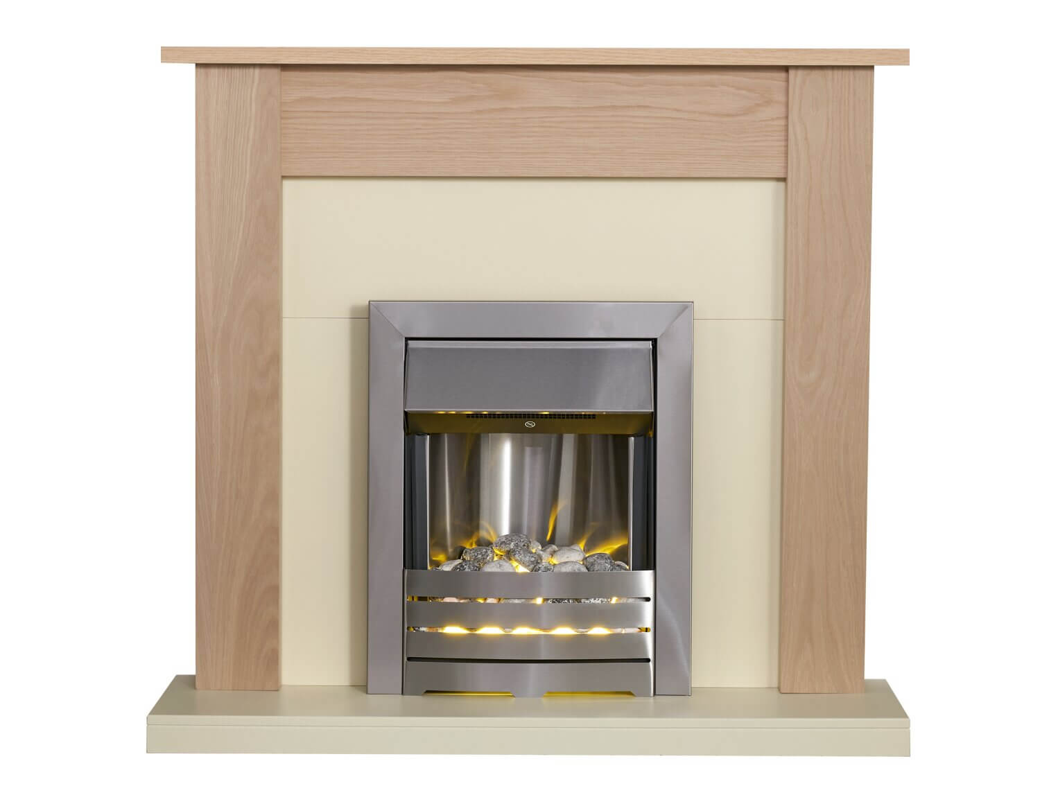 Adam Southwold Fireplace in Oak & Cream with Helios Electric Fire in Brushed Steel - Glowing Flames