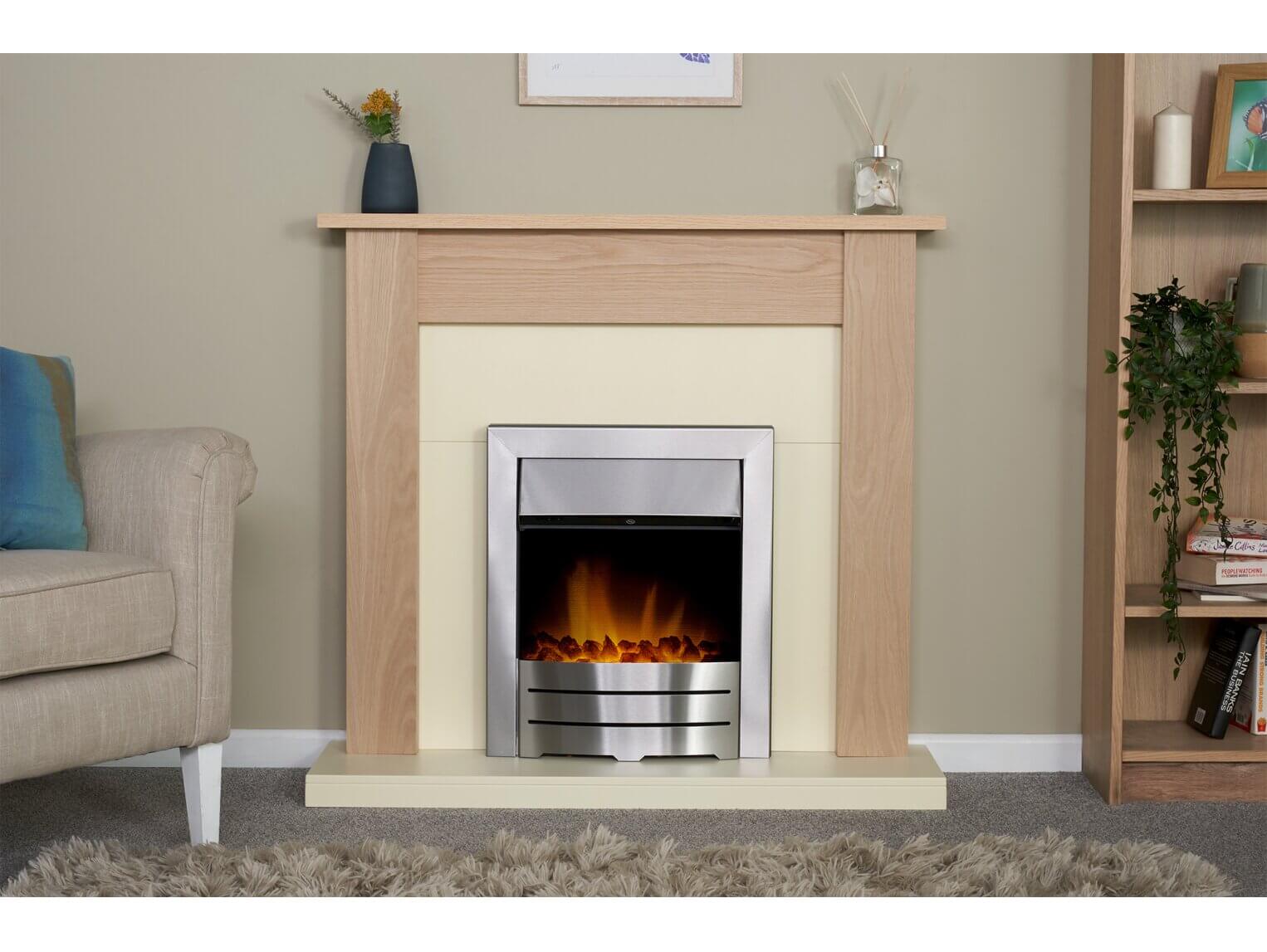 Adam Southwold Fireplace in Oak & Cream with Colorado Electric Fire in Brushed Steel - Glowing Flames