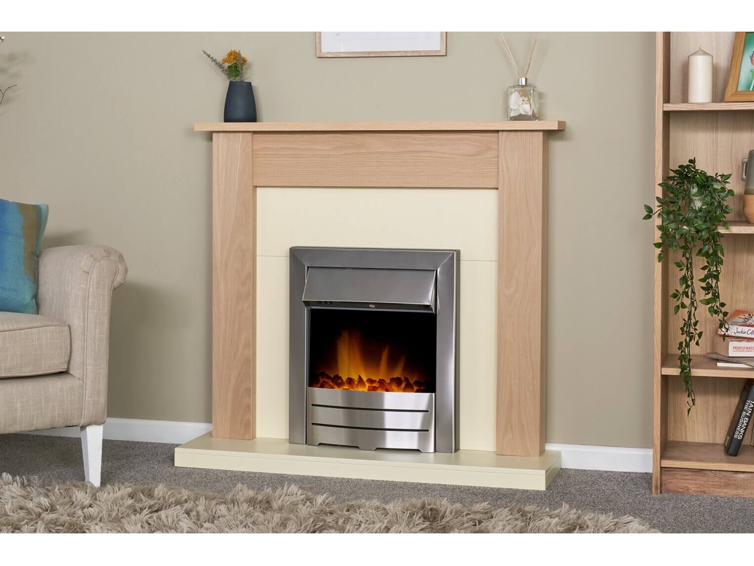 Adam Southwold Fireplace in Oak & Cream with Colorado Electric Fire in Brushed Steel - Glowing Flames