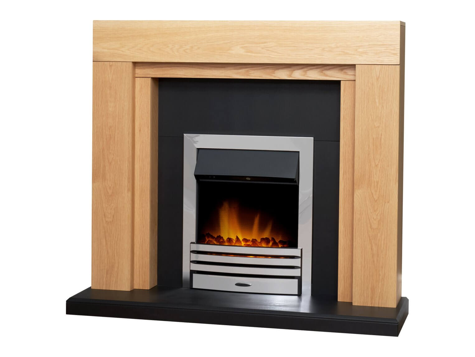 Adam Beaumont Oak & Black Fireplace with Downlights & Eclipse Electric Fire in Chrome - Glowing Flames