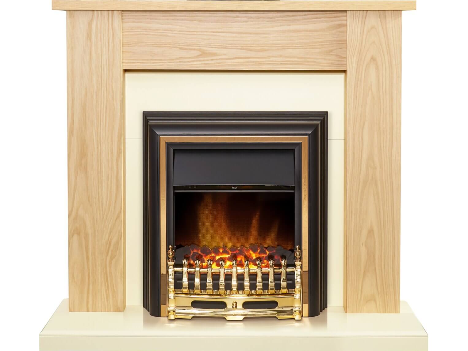 Adam New England Fireplace in Oak & Cream with Durham Electric Fire in Brass - Glowing Flames