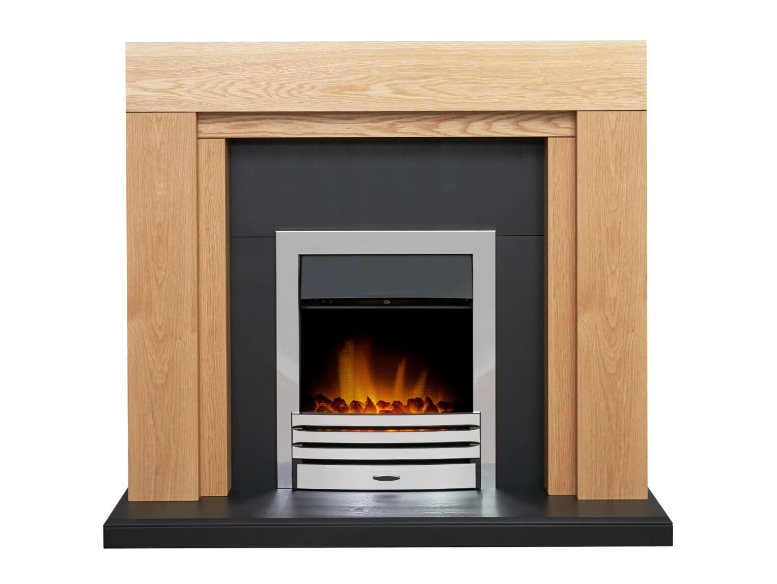 Adam Beaumont Oak & Black Fireplace with Downlights & Eclipse Electric Fire in Chrome - Glowing Flames