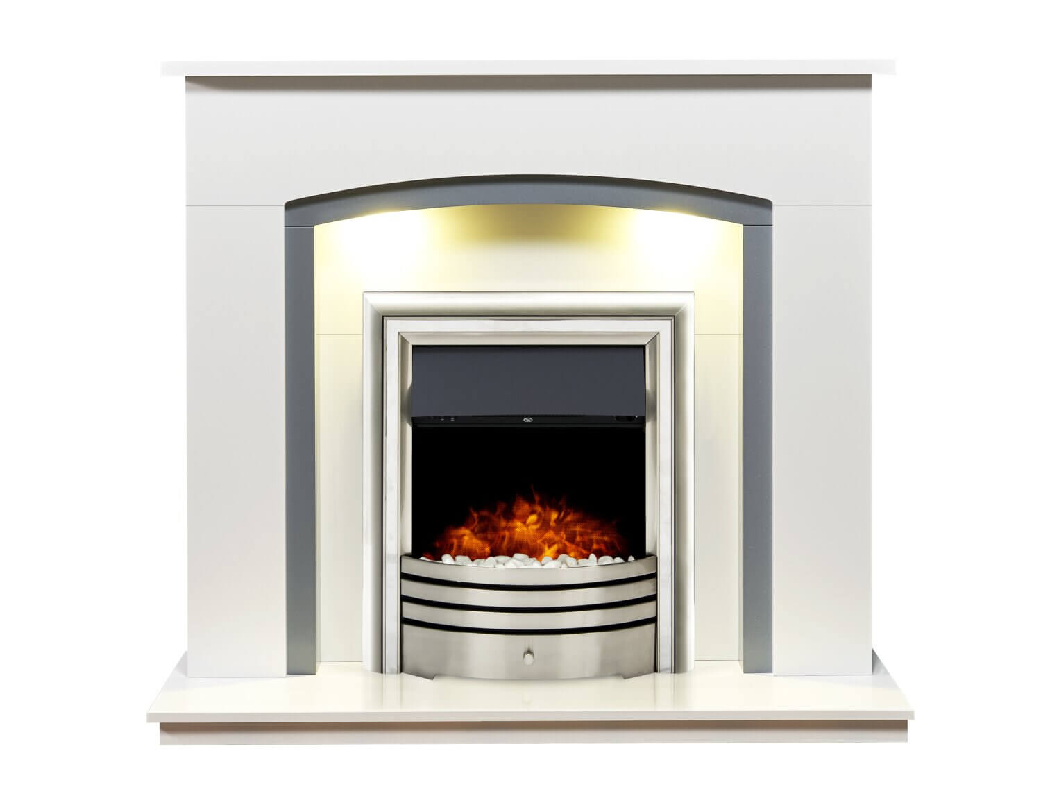 Adam Tuscany Fireplace in Pure White & Grey with Astralis Electric Fire in Chrome - Glowing Flames