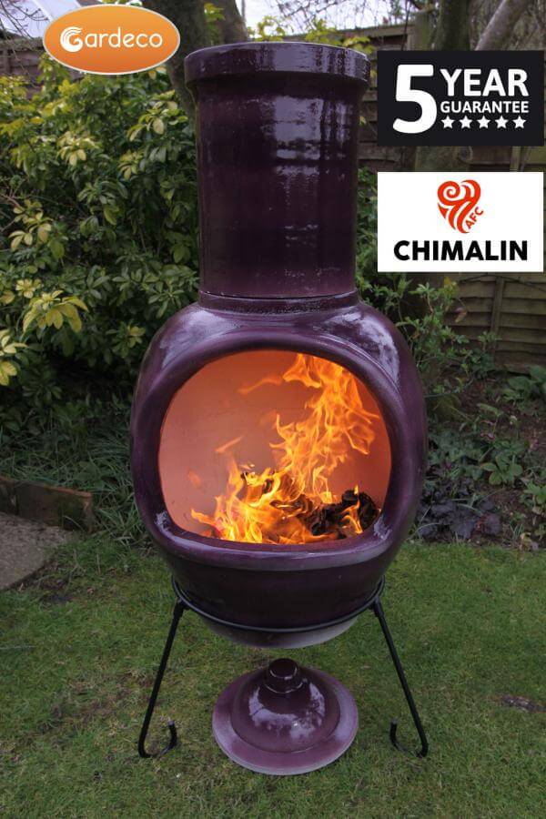 Asteria large Chimalin AFC chimenea in glazed purple, including lid & stand - Glowing Flames