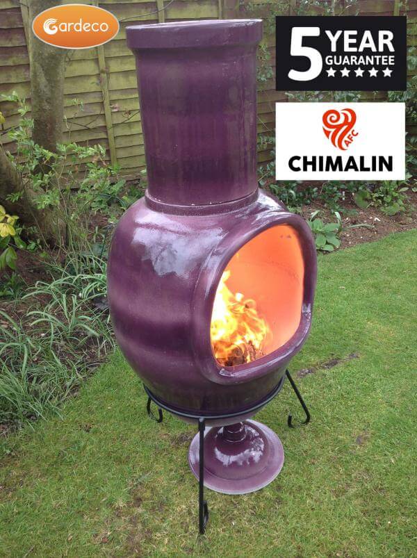 Asteria large Chimalin AFC chimenea in glazed purple, including lid & stand - Glowing Flames