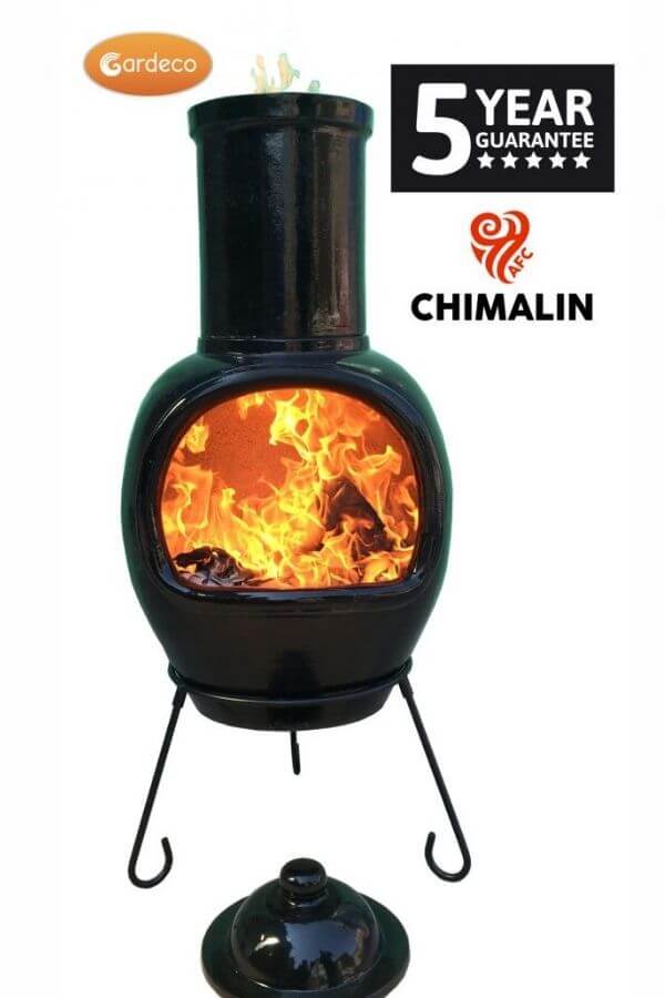 Asteria XL Chimalin AFC chimenea in glazed black, including lid & stand - Glowing Flames