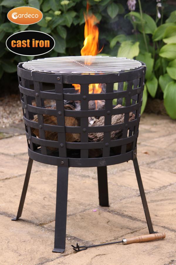 Aragon big fire cast iron fire basket, including BBQ grill - Glowing Flames