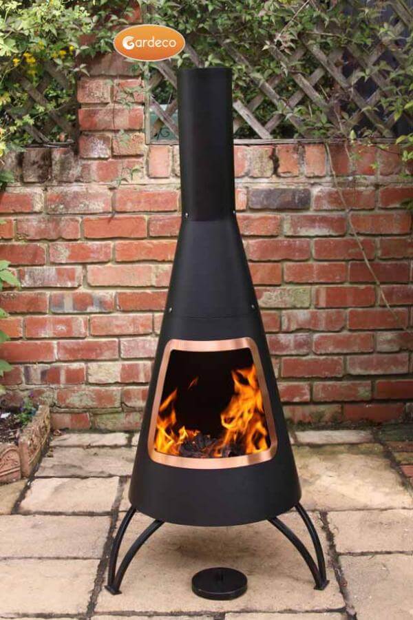 Cono Large Conical Shaped Steel Chimenea, Copper Coloured Mouth Rim - Glowing Flames
