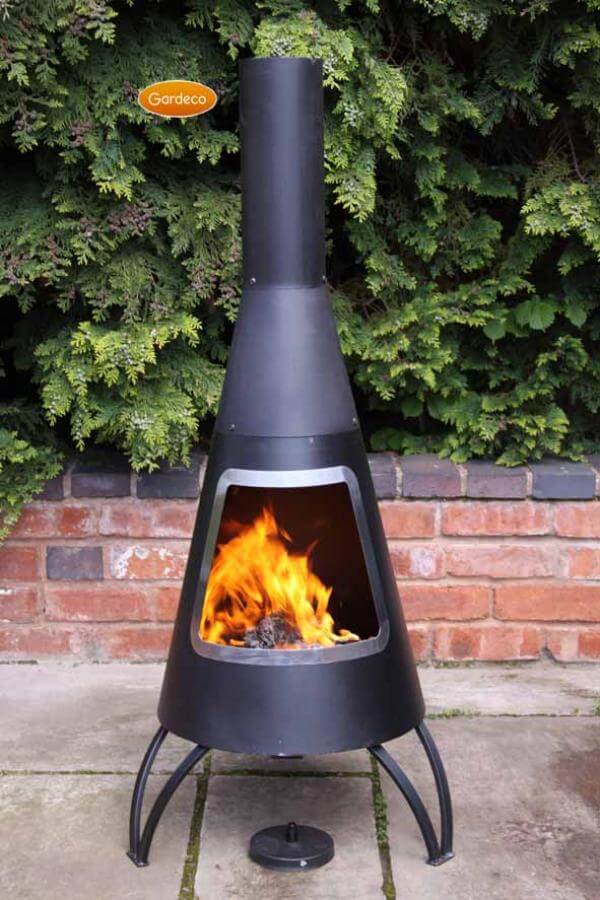 Cono Large Conical Shaped Steel Chimenea, Stainless Steel Mouth Rim - Glowing Flames